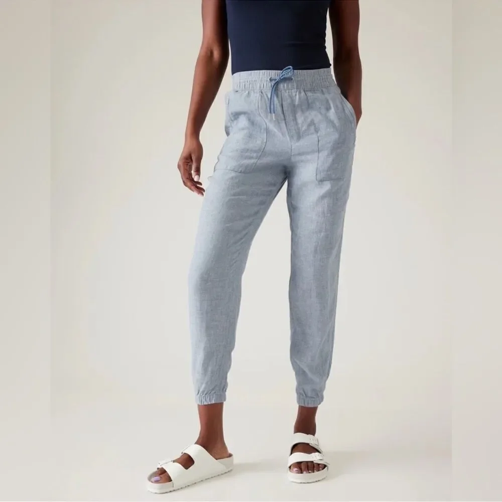 ATHLETA Retreat Linen Jogger Pants in Chambray Blue Size 16 Tall